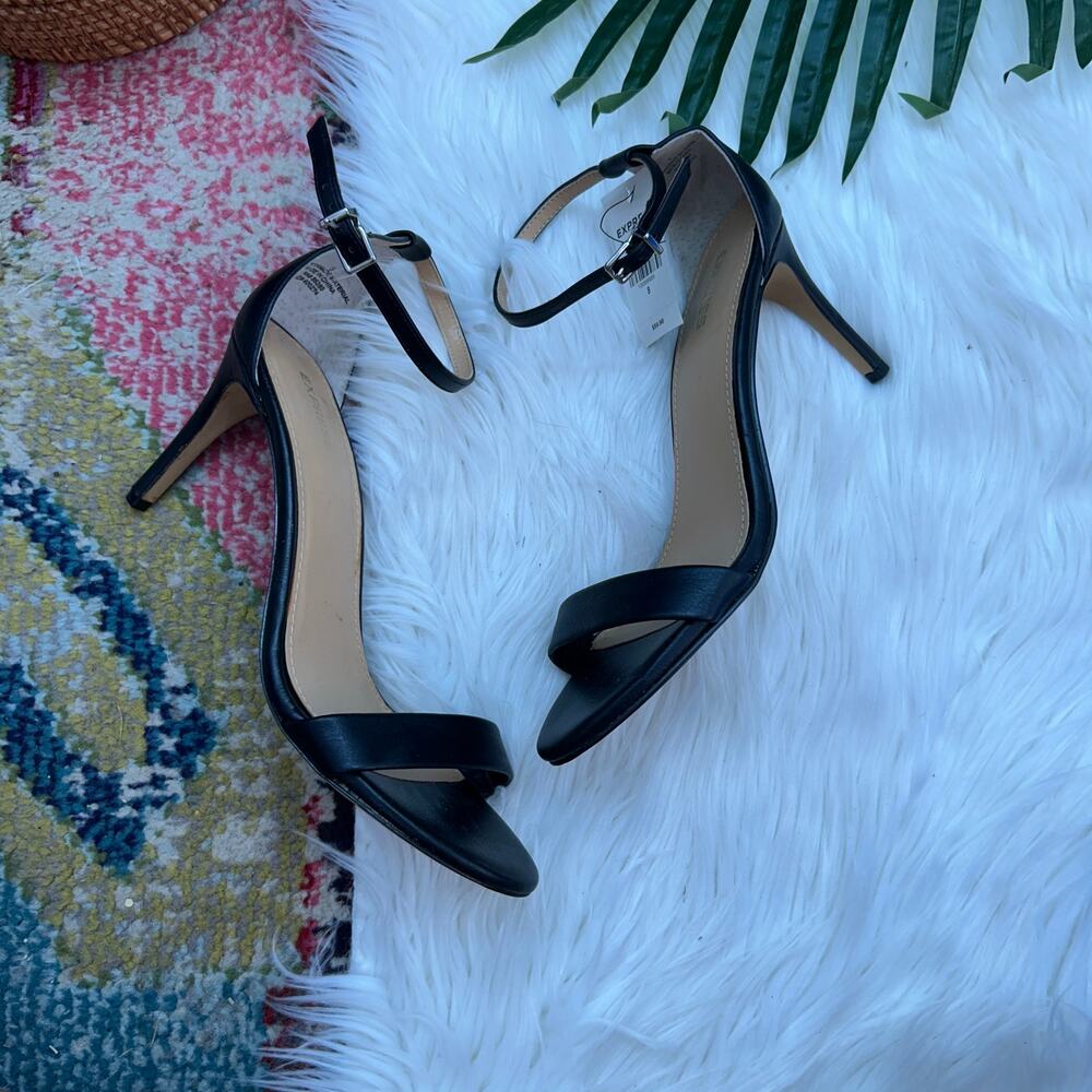 Express Neutral Black Minimalist Open Toe Adjustable Ankle Strap Heel 8